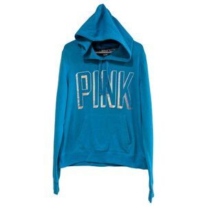 Victoria's Secret PINK Women's Hoodie, Large, Blue with Silver Graphic, Fleece